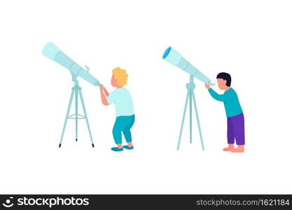 Kids looking into telescope flat color vector faceless character set. Learning new things after school. Children isolated cartoon illustration for web graphic design and animation collection. Kids looking into telescope flat color vector faceless character set