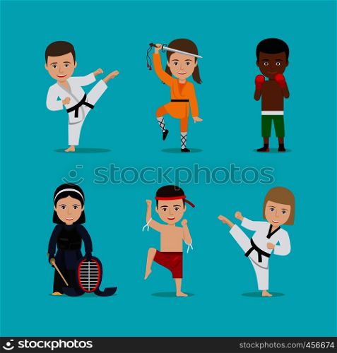 Kids martial arts vector illustration. Karate girl and boxing boy. Kids martial arts vector icons