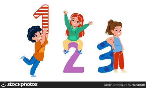 Kids Math Educational Lesson In School Vector. Children Boy And Girl Learning Math Education And Calculating Numbers. Characters Mathematics Studying Togetherness Flat Cartoon Illustration. Kids Math Educational Lesson In School Vector