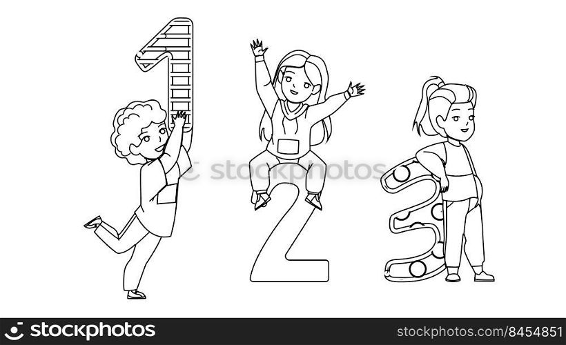 Kids Math Educational Lesson In School Vector. Children Boy And Girl Learning Math Education And Calculating Numbers. Characters Mathematics Studying Togetherness black line illustration. Kids Math Educational Lesson In School Vector