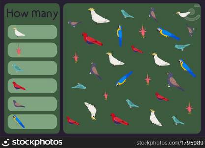 Kids mathematical mini game - count how many parrots and tropical florals - cockatoo, barred parakeet, eclectus, macaw, fuchsia. Educational games for children. Cartoon design template. Kids mathematical mini game - count how many parrots and tropical florals - cockatoo, barred parakeet, eclectus, macaw, fuchsia. Educational games for children.