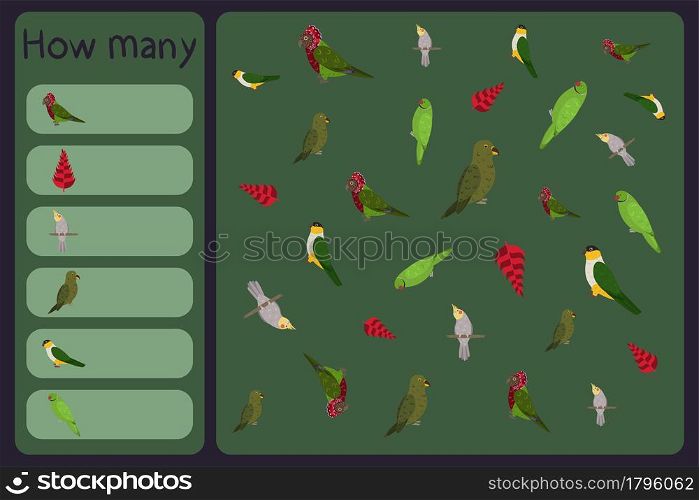 Kids mathematical mini game - count how many parrots and tropical florals - red fan, cockatiel, kea, black headed, rose ringed. Educational games for children. Cartoon design template. Kids mathematical mini game - count how many parrots and tropical florals - red fan, cocatiel, kea, black headed, rose ringed. Educational games for children.