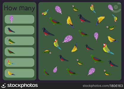 Kids mathematical mini game - count how many parrots and tropical florals - pesquets, senegal, red winged, rosella, regent, feather. Educational games for children. Cartoon design template. Kids mathematical mini game - count how many parrots and tropical florals - pesquets, senegal, red winged, rosella, regent, feather. Educational games for children.