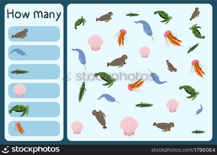 Kids mathematical mini game - count how many sea animals - sea elephant, narwhale, catfish, shall, turtle, jellyfish. Educational games for children. Cartoon design template on colorful backdrop.. Kids mathematical mini game - count how many sea animals - sea elephant, narwhale, catfish, shall, turtle, jellyfish.