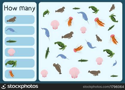 Kids mathematical mini game - count how many sea animals - sea elephant, narwhale, catfish, shall, turtle, jellyfish. Educational games for children. Cartoon design template on colorful backdrop.. Kids mathematical mini game - count how many sea animals - sea elephant, narwhale, catfish, shall, turtle, jellyfish.