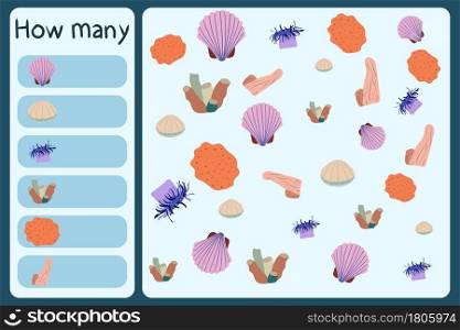 Kids mathematical mini game - count how many sea animals - shall, anemone, sponge, coral. Educational games for children. Cartoon design template on colorful backdrop. Vector graphic.