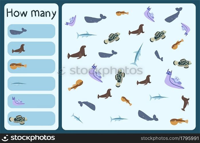 Kids mathematical mini game - count how many sea animals - spermwhale, sea lion, puffer fish, swordfish, mandarin. Educational games for children. Cartoon design template on colorful backdrop.. Kids mathematical mini game - count how many sea animals - spermwhale, sea lion, puffer fish, swordfish, mandarin.