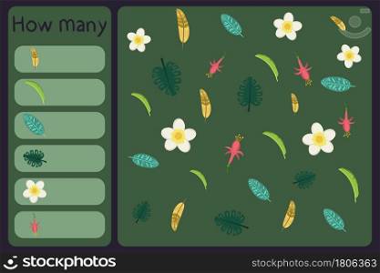 Kids mathematical mini game - count how many tropical florals - monstera, fuchsia, feather, banana leaf. Educational games for children. Cartoon design template. Kids mathematical mini game - count how many tropical florals - monstera, fuchsia, feather, banana leaf. Educational games for children.