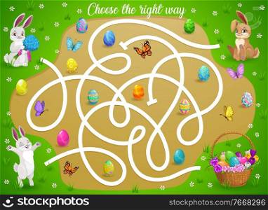 Kids maze game help Easter bunnies choose right way to get eggs basket. Vector labyrinth puzzle, find correct direction board game. Task with tangled path and rabbits. Education children riddle sheet. Kids maze game help Easter bunny choose right way
