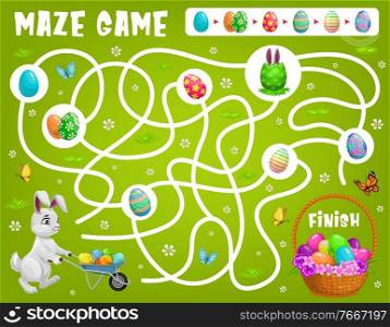 Kids maze game help Easter rabbit choose right path to get eggs. Vector labyrinth puzzle, find correct way board game. Task with tangled path and bunny. Educational children riddle, preschool activity. Kid maze game help Easter rabbit choose right path