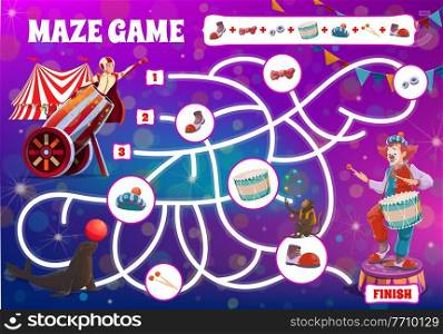Kids maze game, make circus clown cartoon boardgame with shapito performers, vector. Kids tabletop labyrinth or maze puzzle game template with clown, funfair carnival tent and trained animals. Kids board game maze labyrinth, circus clowns