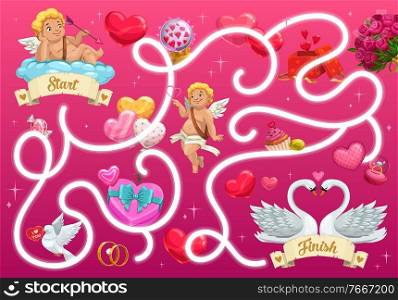 Kids maze game with Valentines day cupids and festive items. Vector labyrinth puzzle find correct way board game. Task with tangled path and angels. Educational children riddle, preschool activity. Kids maze game with Valentines day cupids, vector