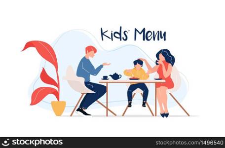 Kids menu flat color vector faceless characters. Cafe food for children. Mother, father and kid drinking tea together isolated cartoon illustration for web graphic design and animation. Kids menu flat color vector faceless characters