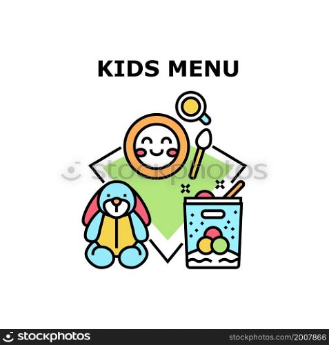 Kids menu food design. frame background. child flyer. cute poster element. healthy meal. baby cook kids menu vector concept color illustration. Kids menu icons vector illustrations