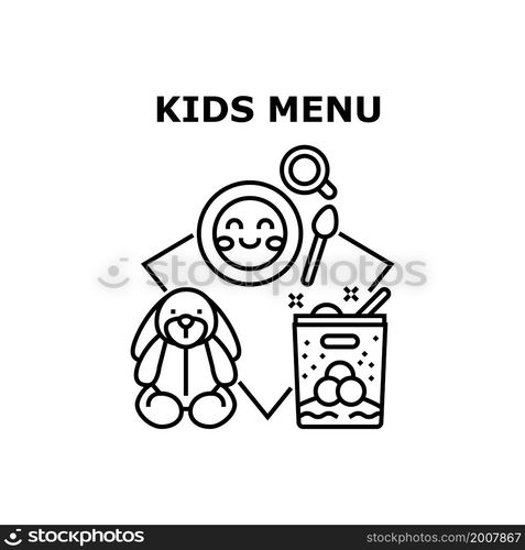 Kids menu food design. frame background. child flyer. cute poster element. healthy meal. baby cook kids menu vector concept black illustration. Kids menu icons vector illustrations