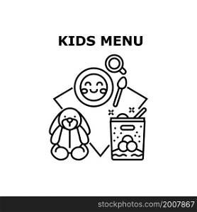 Kids menu food design. frame background. child flyer. cute poster element. healthy meal. baby cook kids menu vector concept black illustration. Kids menu icons vector illustrations