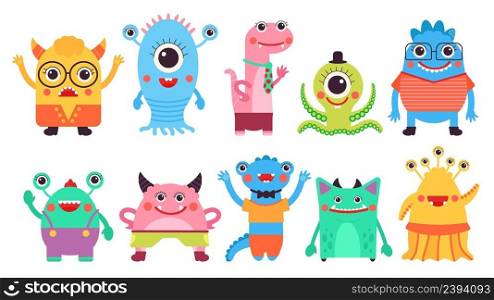Kids monster collection. Child monster, isolated cartoon aliens characters. Cute ugly comic elements, crazy colorful beast, decent vector set. Illustration of monsters character, happy mutant. Kids monster collection. Child monster, isolated cartoon aliens characters. Cute ugly comic elements, crazy colorful beast, decent vector set