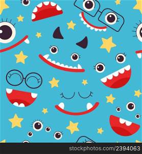 Kids monster seamless pattern. Monsters emotional faces, child fashion print. Funny ugly characters for textile decoration, wrapping paper, vector background. Illustration of seamless monster pattern. Kids monster seamless pattern. Monsters emotional faces, child fashion print. Funny ugly characters for textile decoration, wrapping paper, decent vector background