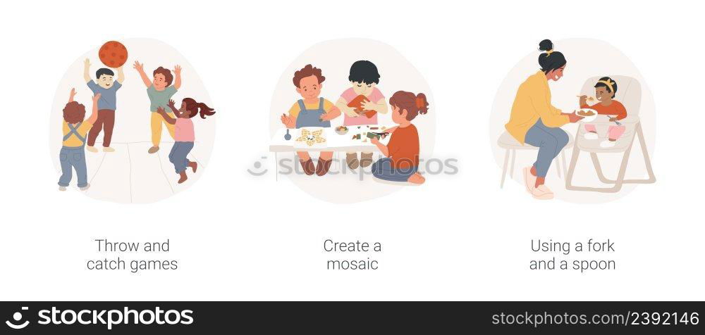 Kids motor skills development isolated cartoon vector illustration set. Throw and catch games, create a mosaic, using fork and spoon, play a game, kindergarten activity, self-care vector cartoon.. Kids motor skills development isolated cartoon vector illustration set.
