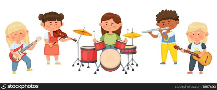 Kids music band, cartoon children playing musical instruments together. Child musicians playing on violin, guitar, drums vector illustration. Artistic children having performance in group. Kids music band, cartoon children playing musical instruments together. Child musicians playing on violin, guitar, drums vector illustration
