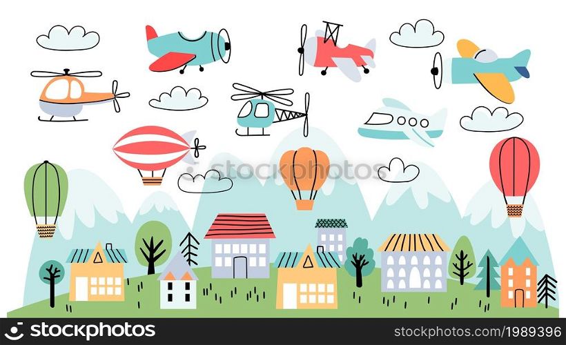 Kids nursery poster with airplanes, air balloons and clouds. Children wallpaper with houses, mountains and flying planes, vector landscape. City with buildings and aero transportation. Kids nursery poster with airplanes, air balloons and clouds. Children wallpaper with houses, mountains and flying planes, vector landscape