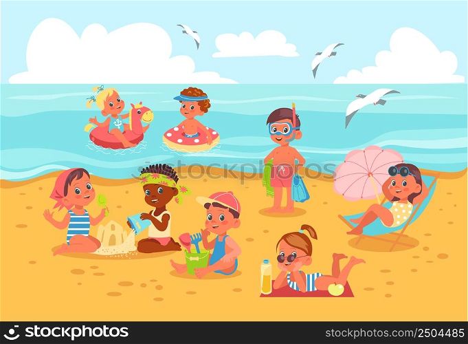 Kids on beach illustration. Summer seashore with funny boys and girls. Babies sunbathing and swimming in water. Cartoon characters in swimsuits. Little happy children play with sand. Vector concept. Kids on beach illustration. Summer seashore with boys and girls. Babies sunbathing and swimming in water. Cartoon characters in swimsuits. Happy children play with sand. Vector concept