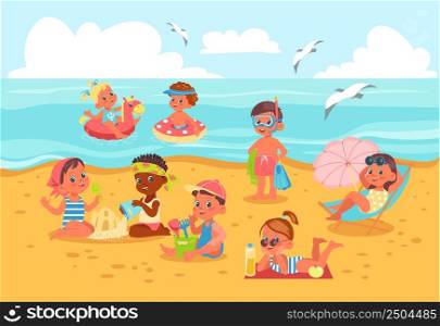 Kids on beach illustration. Summer seashore with funny boys and girls. Babies sunbathing and swimming in water. Cartoon characters in swimsuits. Little happy children play with sand. Vector concept. Kids on beach illustration. Summer seashore with boys and girls. Babies sunbathing and swimming in water. Cartoon characters in swimsuits. Happy children play with sand. Vector concept