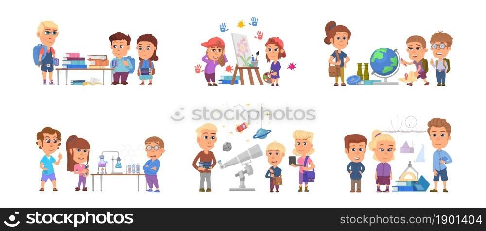 Kids on lessons. Children preschool students, cute child study science. Cartoon boy girl with books, chemistry lab and travel group decent vector set. Illustration education school and preschool. Kids on lessons. Children preschool students, cute child study science. Cartoon boy girl with books, chemistry lab and travel group decent vector set