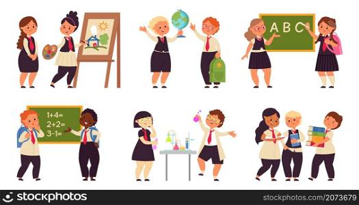 Kids on lessons. School girl on lesson, science children characters. Cartoon child study, collaboration in education. Students decent vector concept. Illustration lesson education boy and girl. Kids on lessons. School girl on lesson, science children characters. Cartoon child study, collaboration in education. Students decent vector concept