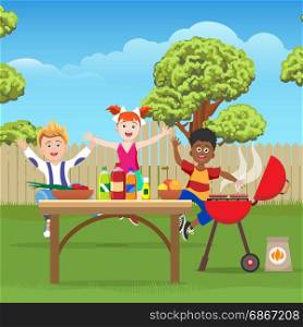 Kids on picnic in green garden. Joyful active kids on picnic in the green garden, vector illustration
