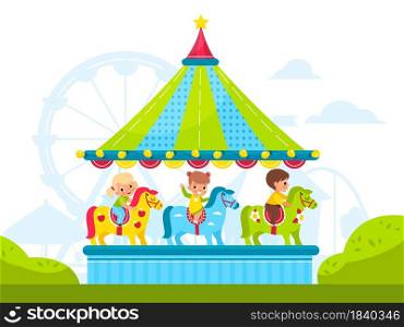Kids on round carousel with horses. Children ride merry-go-round in amusement park, old roundabout with ponies, carnival bright decor. Boys and girls leisure vector cartoon flat style isolated concept. Kids on round carousel with horses. Children ride merry-go-round in amusement park, old roundabout with ponies, carnival bright decor. Boys and girls leisure vector cartoon isolated concept