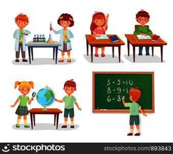 Kids on school lesson. Primary schools pupils on chemistry, biology lessons, schoolchild learn geography globe or sit at desk, pupil education vector cartoon isolated icon illustration set. Kids on school lesson. Primary schools pupils on chemistry lessons, learn geography globe or sit at desk vector cartoon illustration