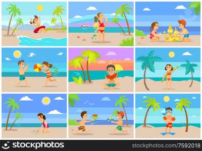 Kids on summer vacations vector set, girl with boy playing volleyball, kid with lifebuoy, water fight and sand castle building, diving equipment on male. Tropical Vacations Children by Seaside Having Fun