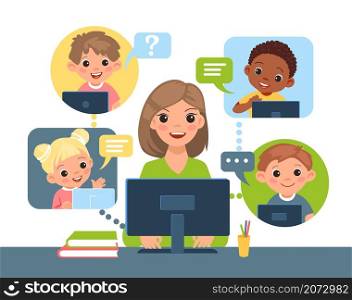 Kids online learning. Distance lesson, internet chat with teacher, woman sits at desk with computer, interactive joint studying. Multichannel school education, vector cartoon flat isolated concept. Kids online learning. Distance lesson, internet chat with teacher, woman sits at desk with computer, interactive joint studying. Multichannel school education, vector isolated concept