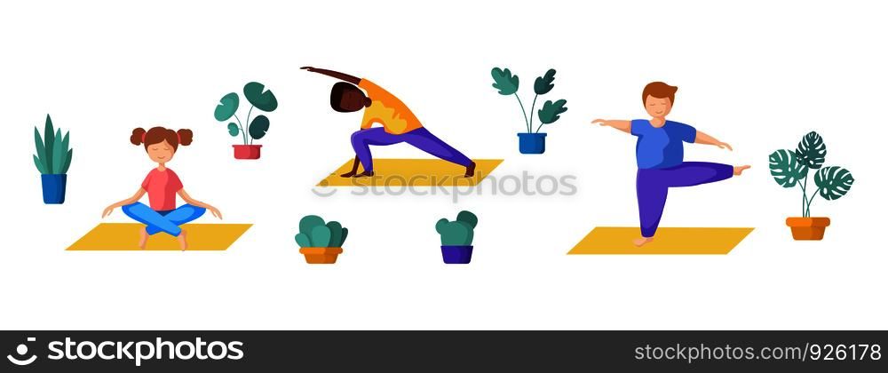Kids or teenager girl and boy yoga pose doing yoga asana, sport exercises and meditation. Cute female and male character in flat style, vector illustration on white background.. Yoga Different People