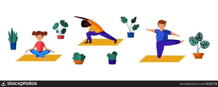 Kids or teenager girl and boy yoga pose doing yoga asana, sport exercises and meditation. Cute female and male character in flat style, vector illustration on white background.. Yoga Different People