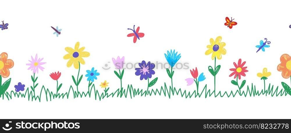 Kids painting flowers. Children hand drawing flower meadow with green grass. Crayons draw seamless border. Childish pastel lawn neoteric vector pattern. Illustration of flower spring chalk. Kids painting flowers. Children hand drawing flower meadow with green grass. Crayons draw seamless border. Childish pastel lawn neoteric vector pattern