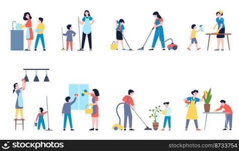 Kids parents cleaning. Help house to mom, happy family clean home. Teenage and children helping mother and father houseworking, laundry recent vector scene illustration of housework family. Kids parents cleaning. Help house to mom, happy family clean home. Teenage and children helping mother and father houseworking, laundry recent vector scene