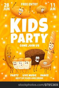 Kids part flyer. Cartoon bakery, pastry and bread characters. Promotion leaflet, vector bakehouse flyer or poster with cunape, barbari and rye bread, shokupan and burger buns, baguette cute personages. Kids part flyer with cartoon bread characters