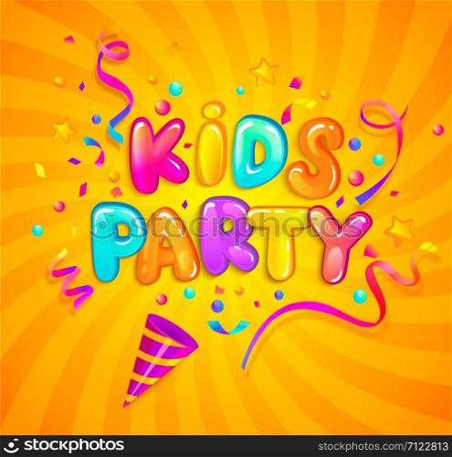 Kids party banner with party cracker,confetti,serpentine sparkles on sunburst background in cartoon style. Place for fun and play. Poster for children&rsquo;s playroom decoration. Vector illustration.. Kids party banner with party cracker and confetti.