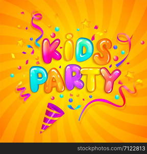 Kids party banner with party cracker,confetti,serpentine sparkles on sunburst background in cartoon style. Place for fun and play. Poster for children&rsquo;s playroom decoration. Vector illustration.. Kids party banner with party cracker and confetti.