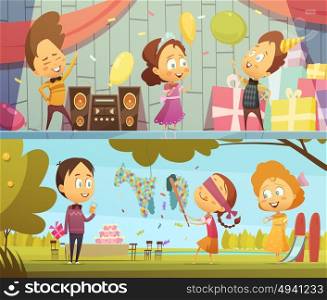 Kids Party Banners. Happy kids having fun dancing and playing at birthday party horizontal banners cartoon isolated vector illustration