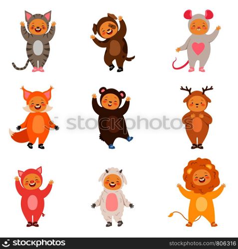 Kids party costumes of funny cartoon animals. Vector pictures isolate on white. Illustration of costume animal, happy child. Kids party costumes of funny cartoon animals. Vector pictures isolate on white