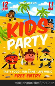 Kids party flyer. Cartoon fruit pirates and corsairs characters on island vector poster. Funny orange, peach, kiwi, apple and quince fruit filibusters personages with pirate hats, guns and swords. Kids party flyer. Cartoon fruit pirates on island