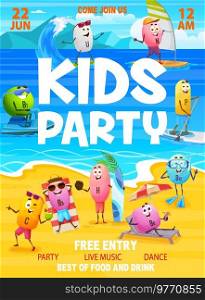Kids party flyer. Cartoon vitamin characters on summer beach vacation. Kids party vector poster or placard with cute A, B, C, D vitamins personages sunbathing, SUP surfing and diving. Kids party flyer, cartoon vitamin characters