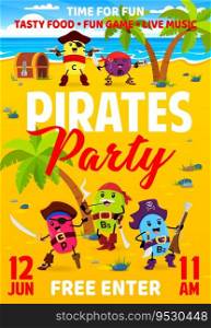 Kids party flyer. Cartoon vitaminπrates and corsairs on troπcal island. Children holiday event promo vector ban≠r or party poster with C, B1, P and B5 vitaminπllsπrates cheerful persona≥s. Kids party flyer with cartoon vitaminπrates