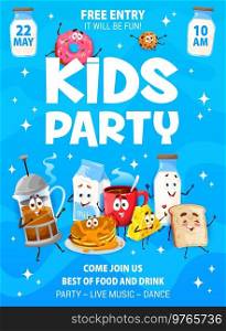 Kids party flyer with breakfast food cartoon characters. Vector promo invitation poster with cute tea press, milk package, pancakes, cup and cheese with toast and bottle food and drink personages. Kids party flyer with breakfast food characters