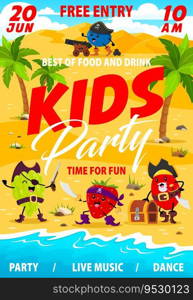 Kids party flyer with cartoon berry pirates and corsairs on island. Vector invitation poster with funny grape, strawberry, rosehip and blueberry wear filibuster costumes invite children for adventure. Kids party flyer with cartoon funny berry pirates