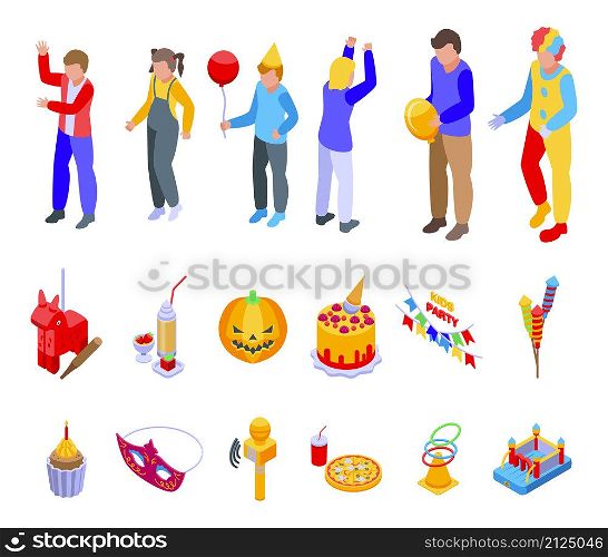 Kids party icons set isometric vector. Children party. Birthday character. Kids party icons set isometric vector. Children party