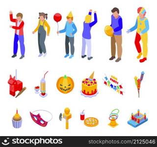Kids party icons set isometric vector. Children party. Birthday character. Kids party icons set isometric vector. Children party